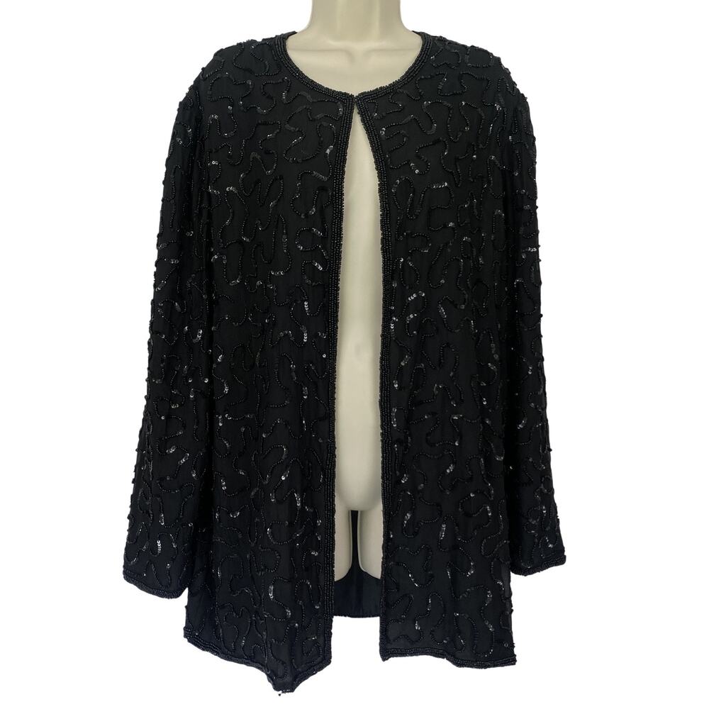 Valerie Stevens Jacket Women 12 Black Silk Beaded Sequin Evening Glam Formal VTG
